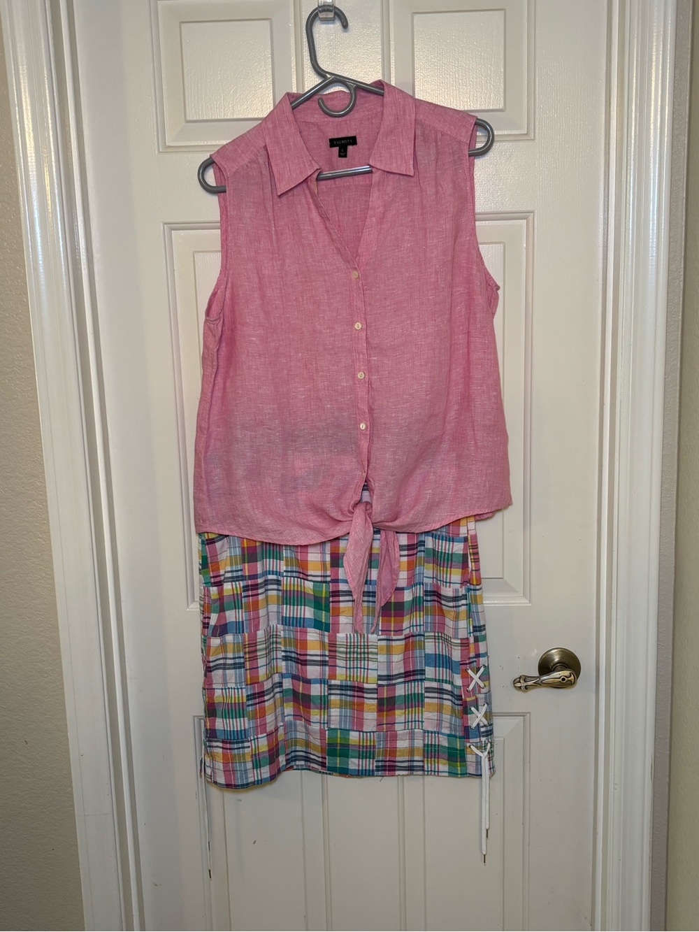 Talbots Pink Sleeveless Tie-Front Top with Multicolor Plaid Midi Skirt